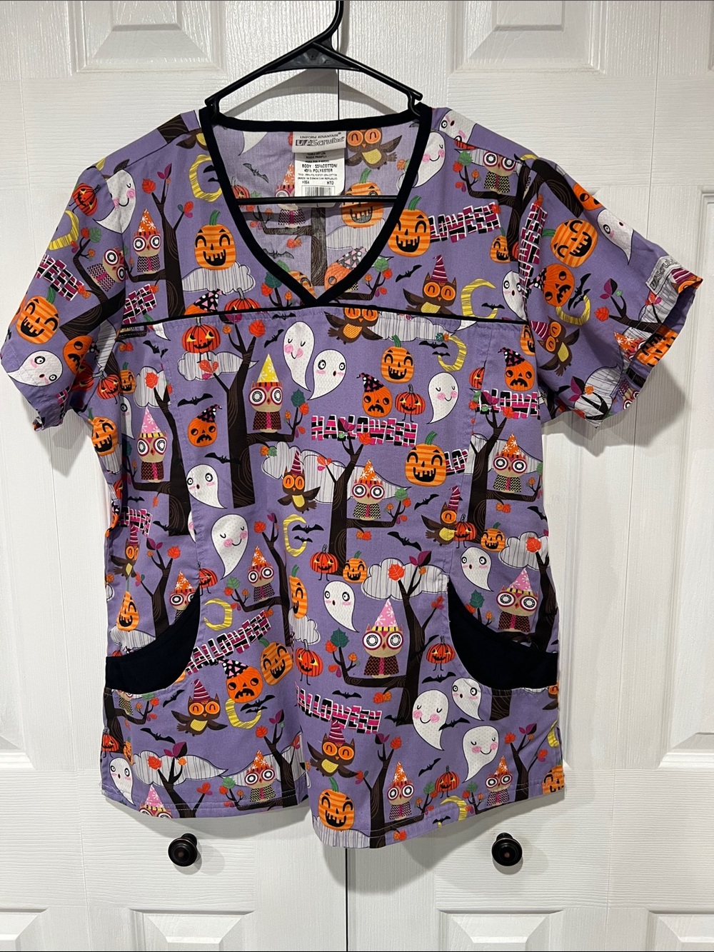 Uniform Advantage Purple Halloween Scrub Top with Ghosts, Pumpkins & Owls
